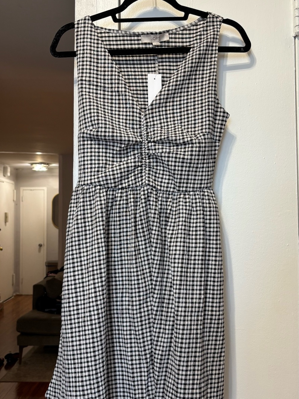 LOFT Black and White Gingham V-Neck Midi Dress - Picture 3 of 5